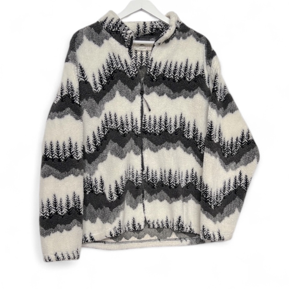 Vtg Black Mountain Forest Sherpa FullZip Cabincore Fleece Cream blk grey 2XL